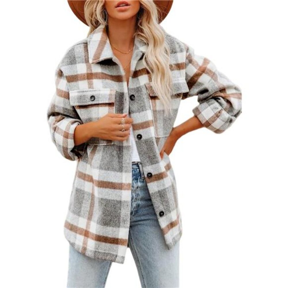womens plaid flannel shacket long sleeve button down jacket shirt with pockets